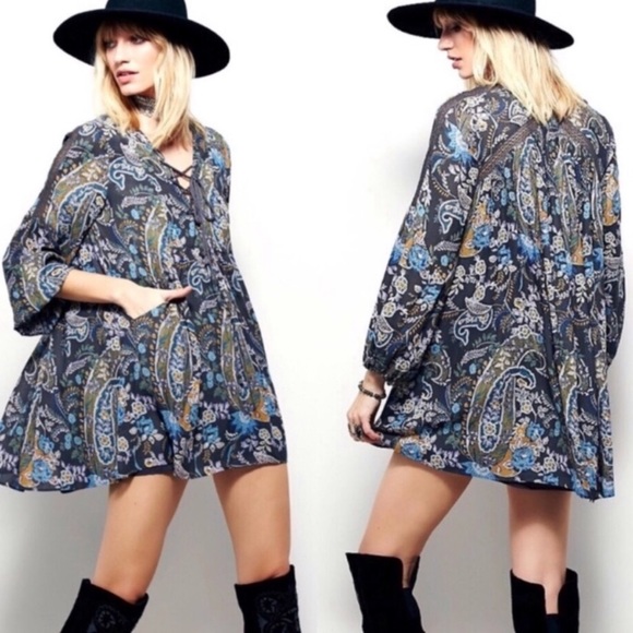 Free People Dresses & Skirts - Free People Gray Peasant Boho Long Sleeve Dress S